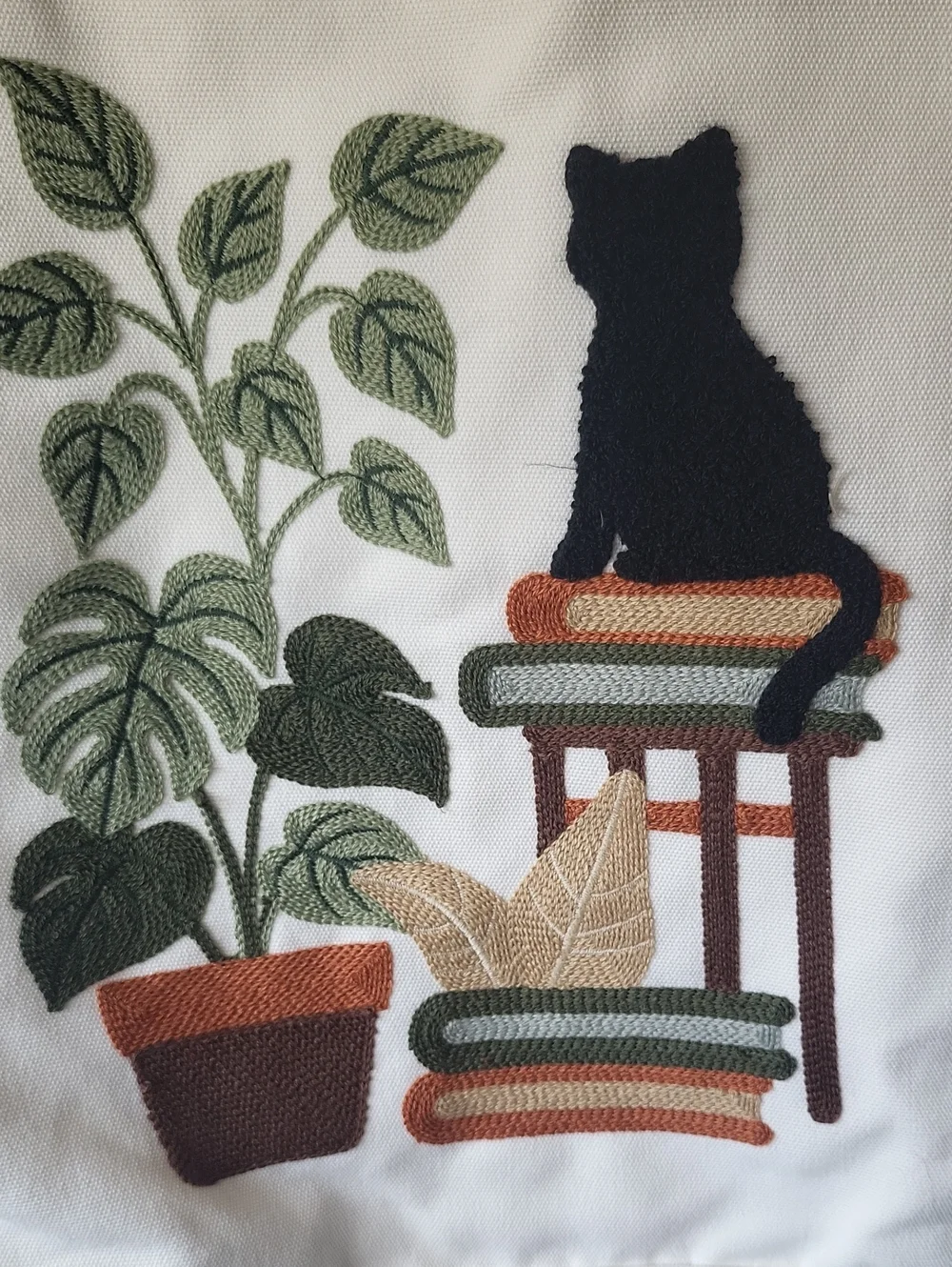 Canvas Cat Tote Bag with Plant and Books Design - Cream